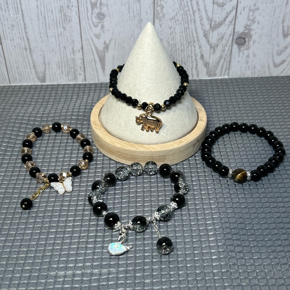 Black Beaded Bracelets with Charms/Gemstones